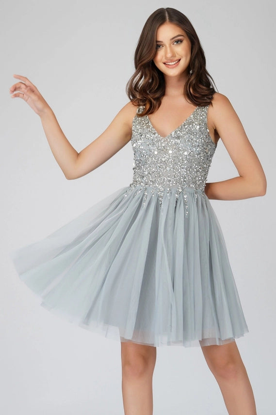 Symphony Sequin Tulle Mini Dress – Silver Grey