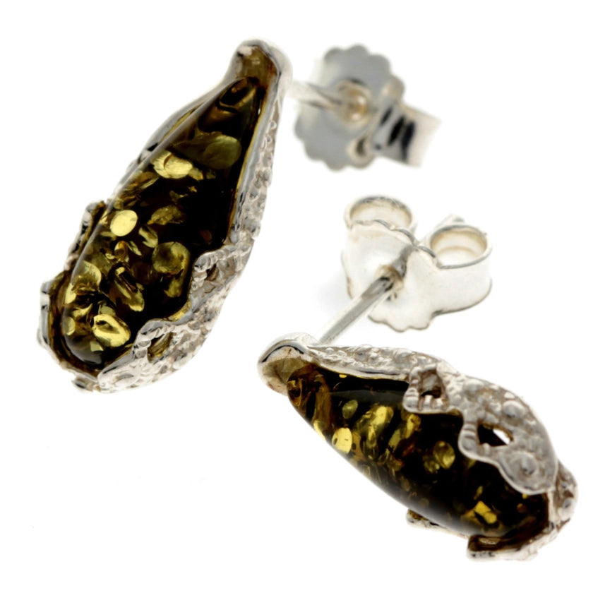 Green Baltic Amber & Sterling Silver Teardrop Stud Earrings