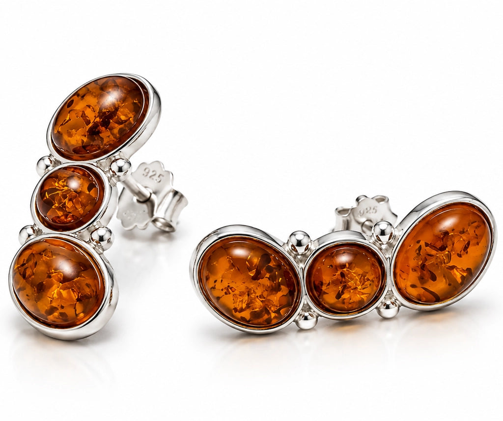 Cognac Baltic Amber & Sterling Silver Multi-Stone Stud Earrings
