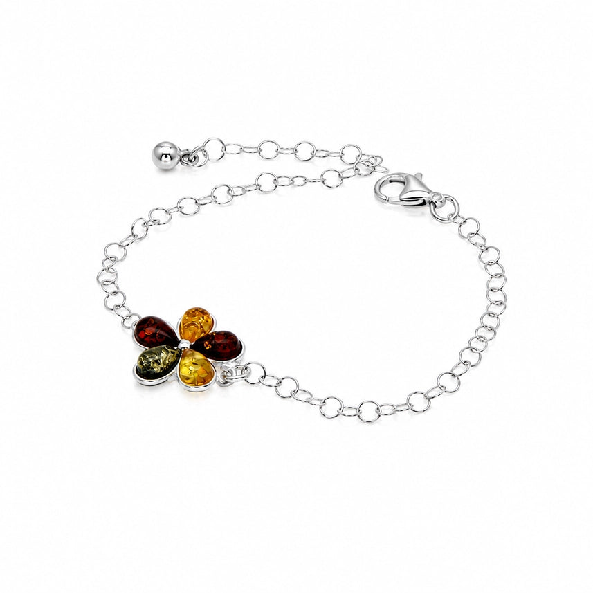 Mixed Baltic Amber & Sterling Silver Flower Bracelet
