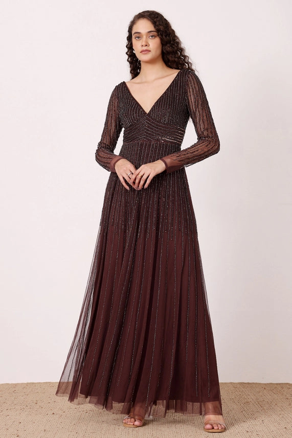 Laura Embellished Maxi Dress – Coffee Brown