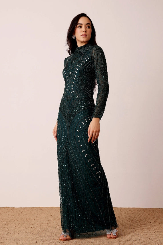 Lotus Embellished Maxi Dress – Emerald