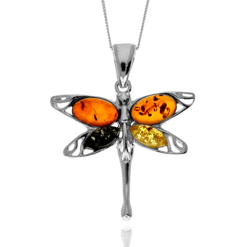 Cognac Baltic Amber & Sterling Silver Dragonfly Pendant