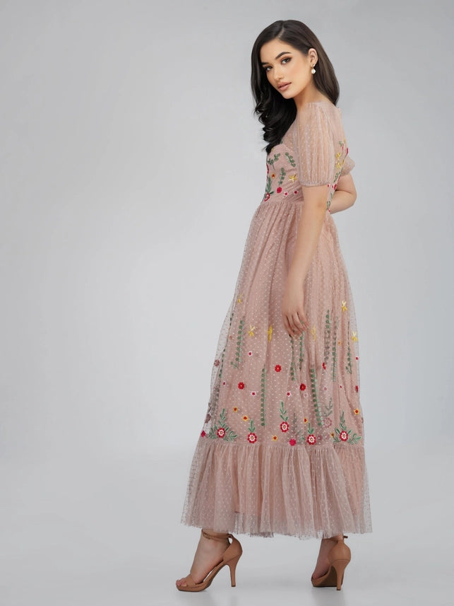 Azalea Floral Embroidered Midaxi Dress – Dusty Pink