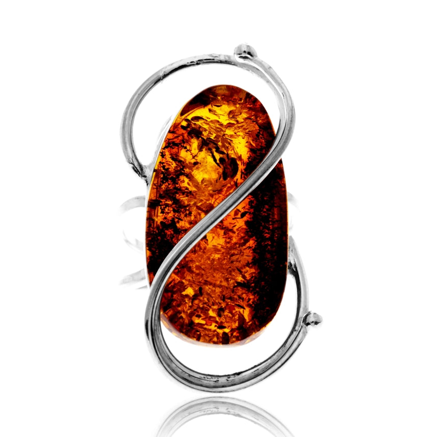 Cognac Baltic Amber & Sterling Silver Sculptural Statement Ring