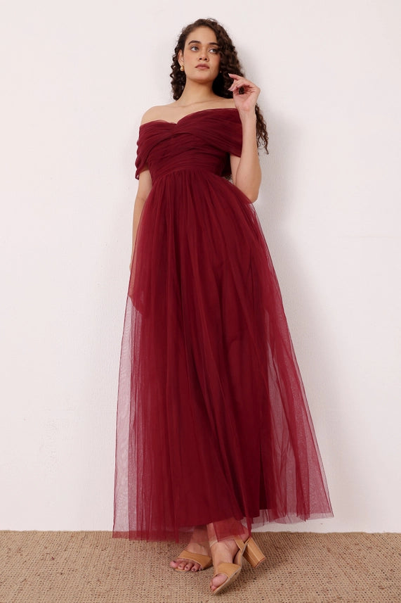 Gillian Off-Shoulder Tulle Maxi Dress – Wine