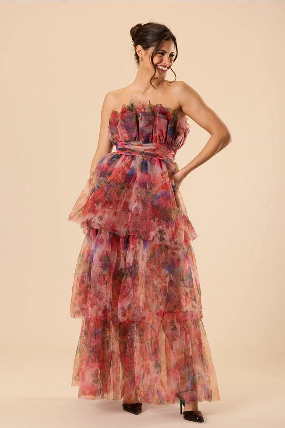 Natalia Floral Tulle Maxi Dress – Pink Multi