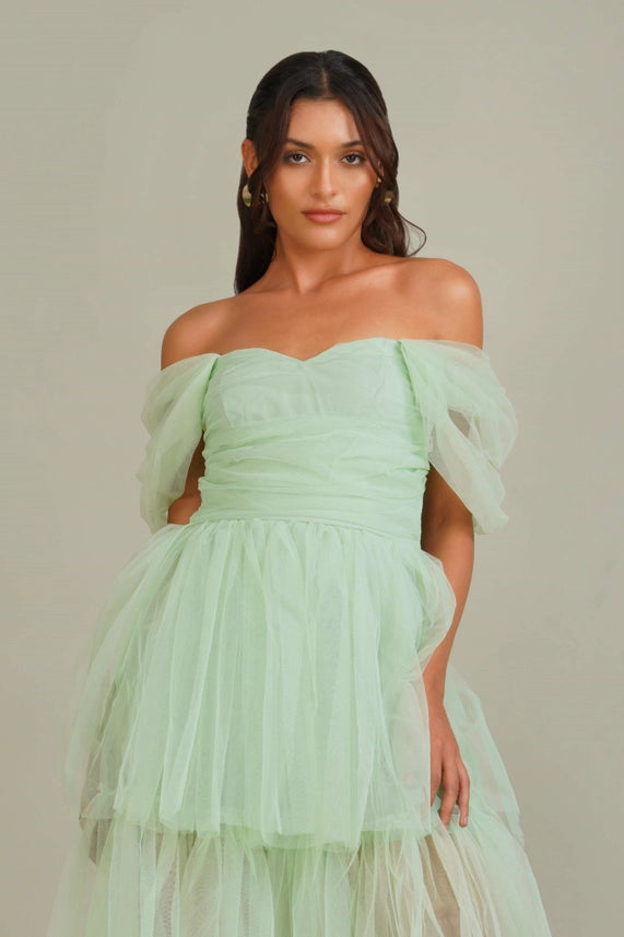 Sydney Off-Shoulder Tulle Maxi Dress – Sage Green