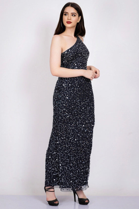 Naeve One-Shoulder Sequin Maxi Dress – Navy
