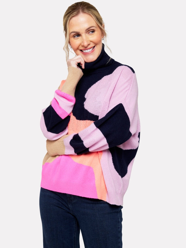 The Abstract Cashmere Roll Neck Jumper – Pink Multi