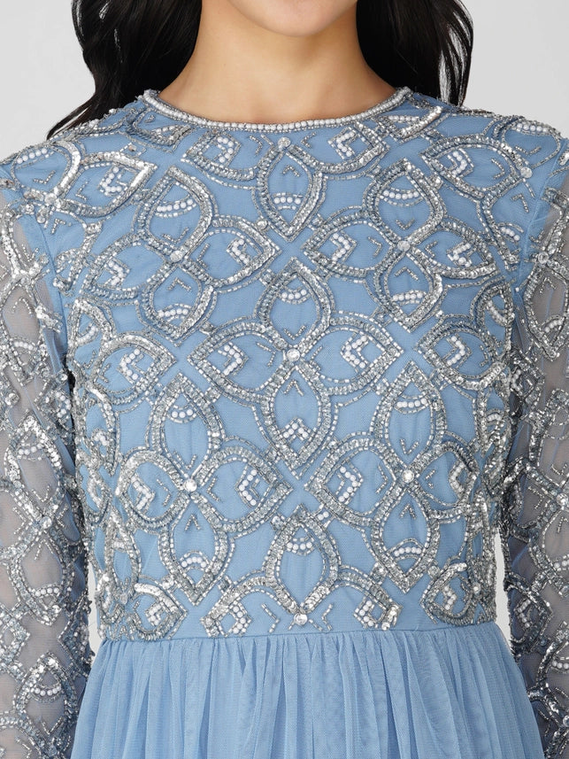 Mandarin Embellished Tulle Midi Dress – Powder Blue