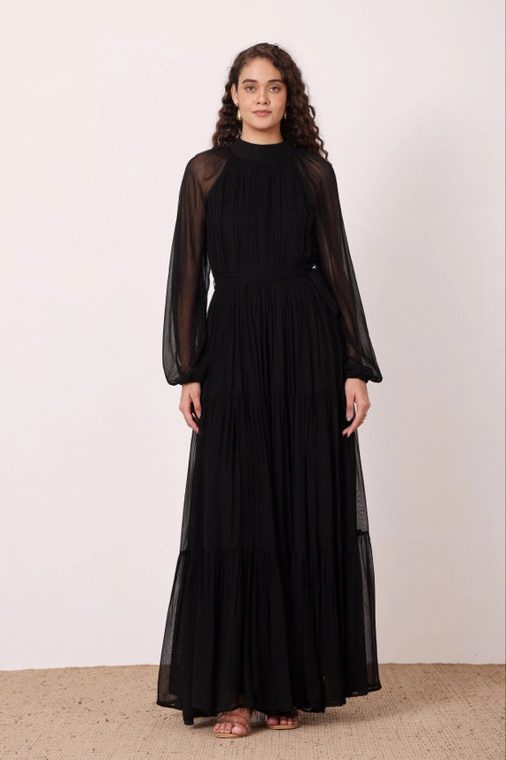 Violetta Pleated Chiffon Maxi Dress – Black