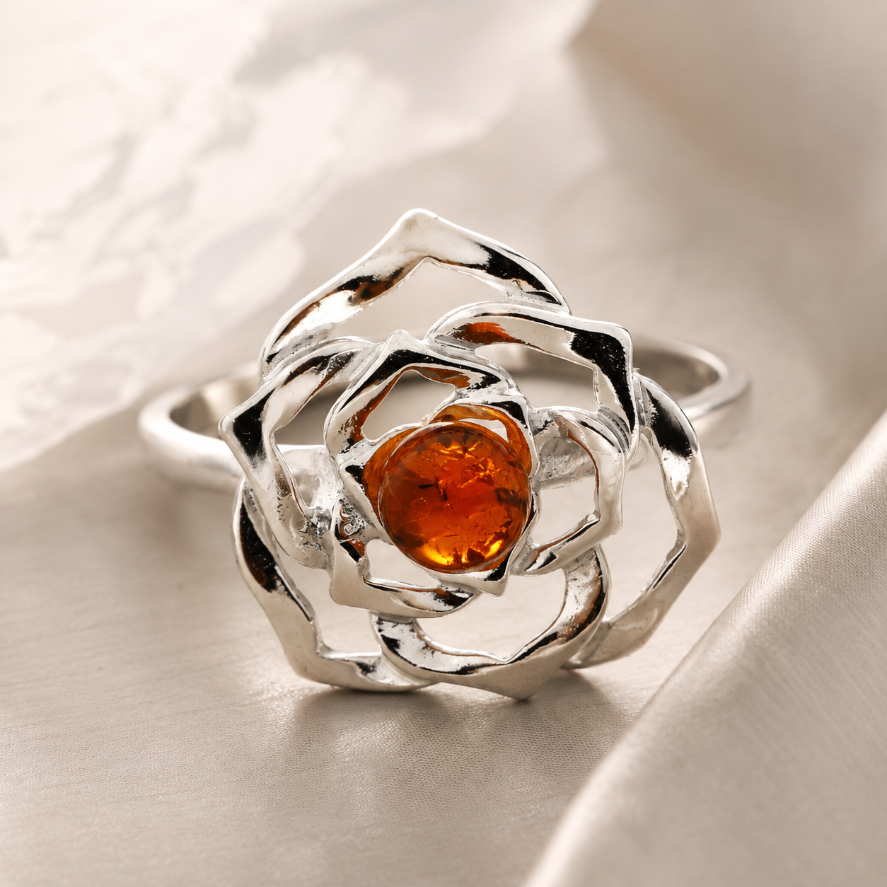 Cognac Baltic Amber & Sterling Silver Rose Ring