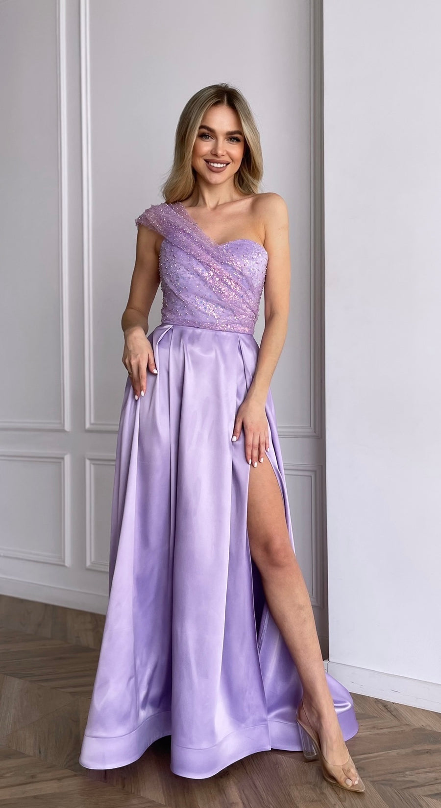 Lavender sequin one-shoulder corset gown