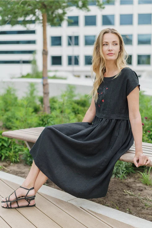 The Molly Printed Linen Midi Dress – Black