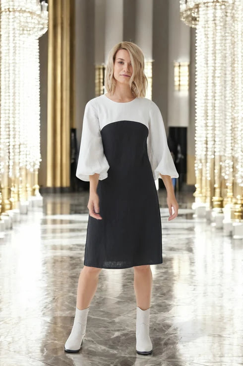 The Malvina Colourblock Linen Dress – Black & Sand