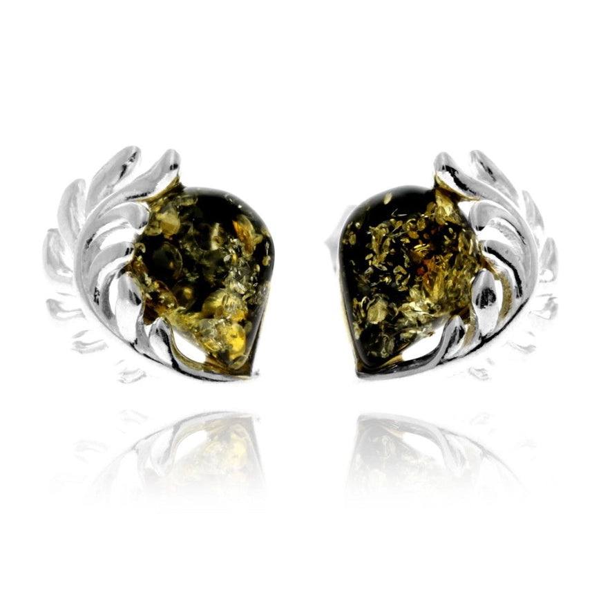 Green Baltic Amber & Sterling Silver Teardrop Leaf Stud Earrings