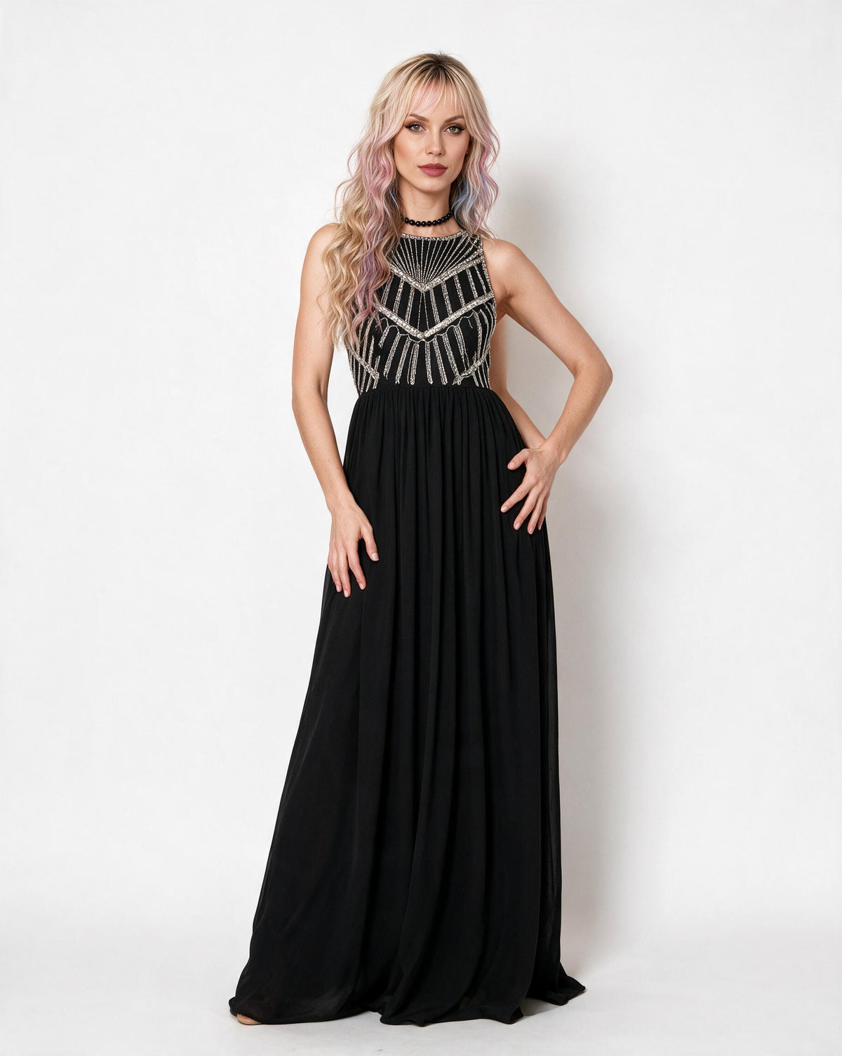 The Marala Embellished Satin Maxi Dress – Black