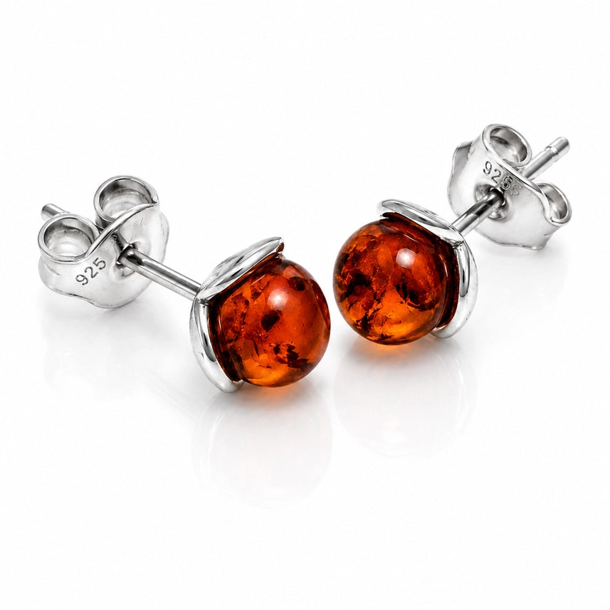 Cognac Baltic Amber & Sterling Silver Ball Stud Earrings