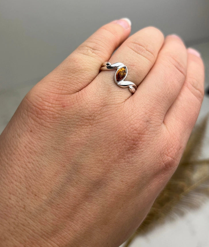 Cognac Baltic Amber & Sterling Silver Modern Ring