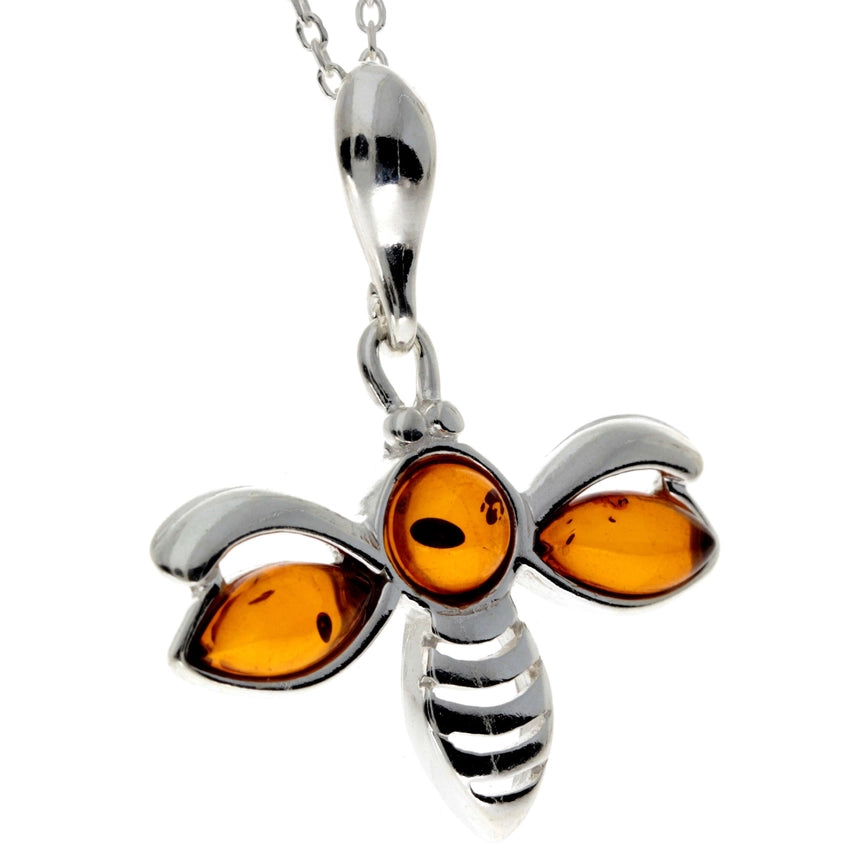 Cognac Baltic Amber & Sterling Silver Bee Pendant