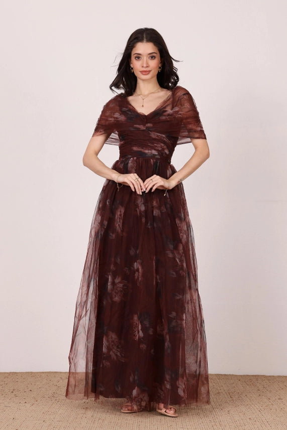 Gillian Floral Tulle Maxi Dress – Mocha Plum