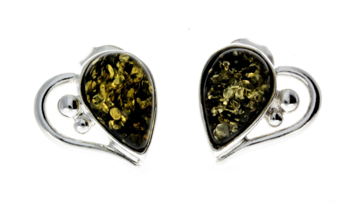 Green Baltic Amber & Sterling Silver Heart Stud Earrings