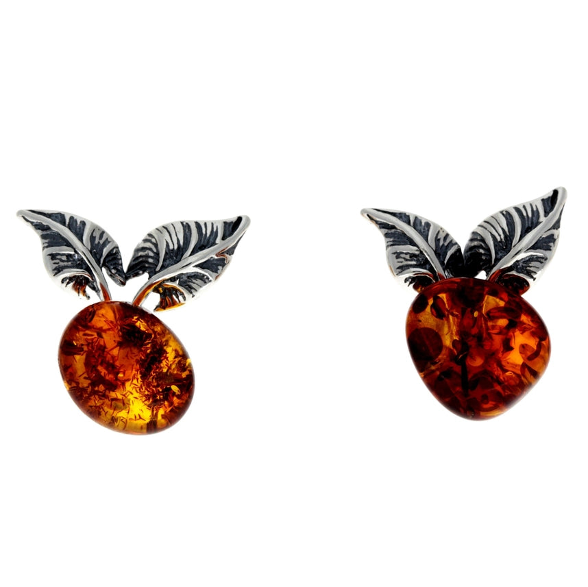 Cognac Baltic Amber & Sterling Silver Leaf Stud Earrings