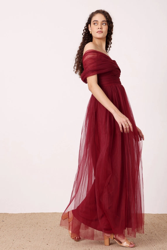 Gillian Off-Shoulder Tulle Maxi Dress – Wine