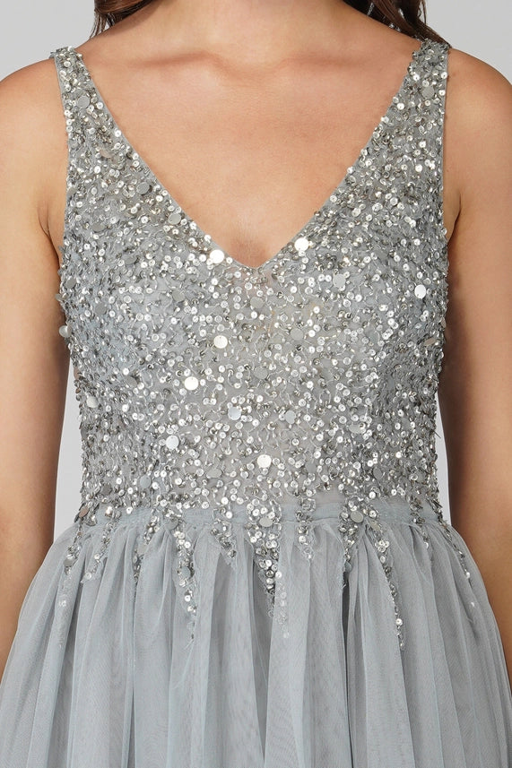 Symphony Sequin Tulle Mini Dress – Silver Grey