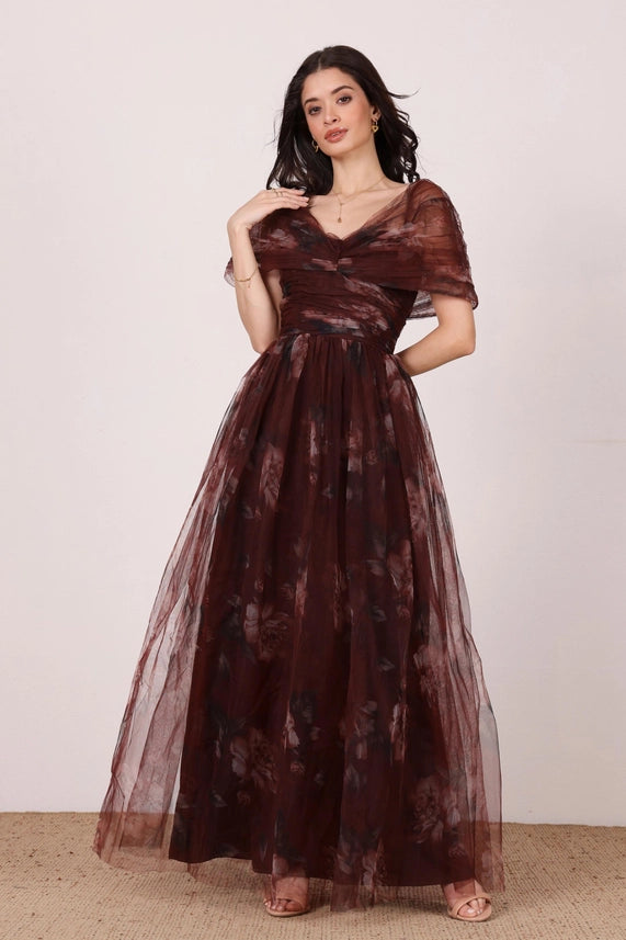 Gillian Floral Tulle Maxi Dress – Mocha Plum