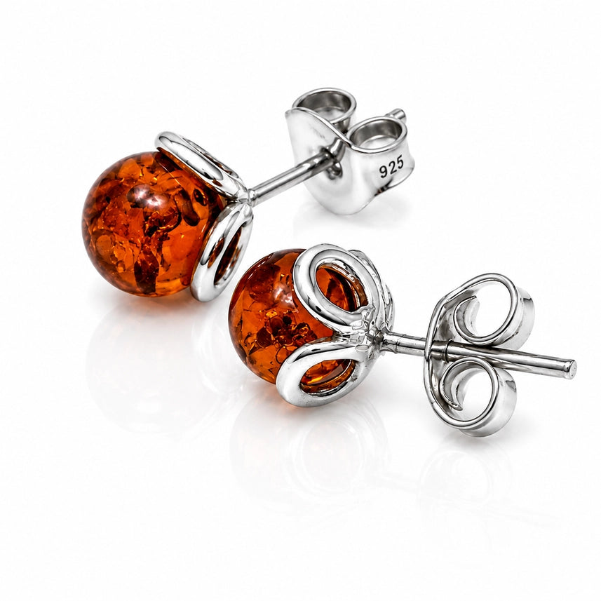 Cognac Baltic Amber & Sterling Silver Ball Stud Earrings