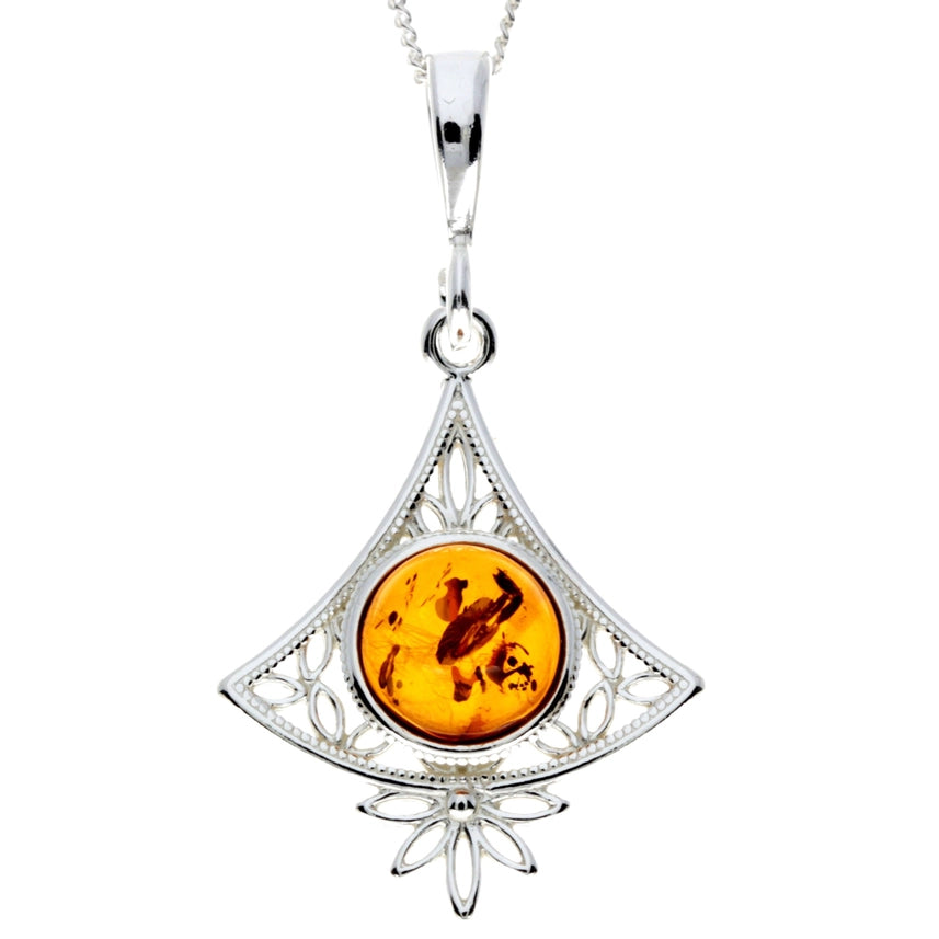 Cognac Baltic Amber & Sterling Silver Round Pendant