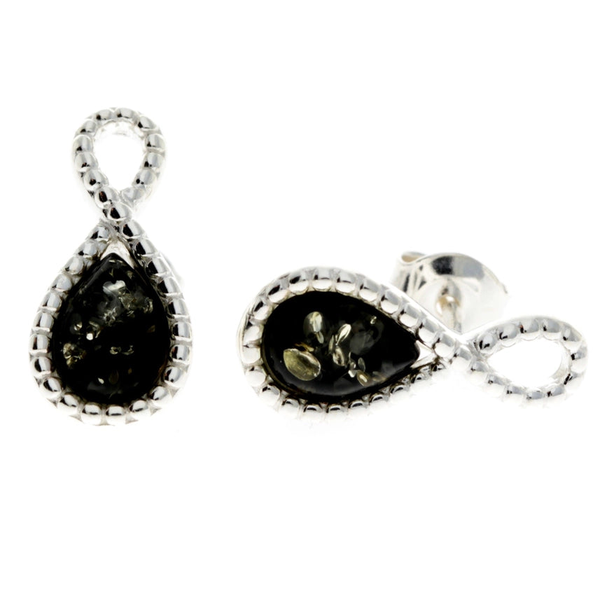 Green Baltic Amber & Sterling Silver Infinity Stud Earrings