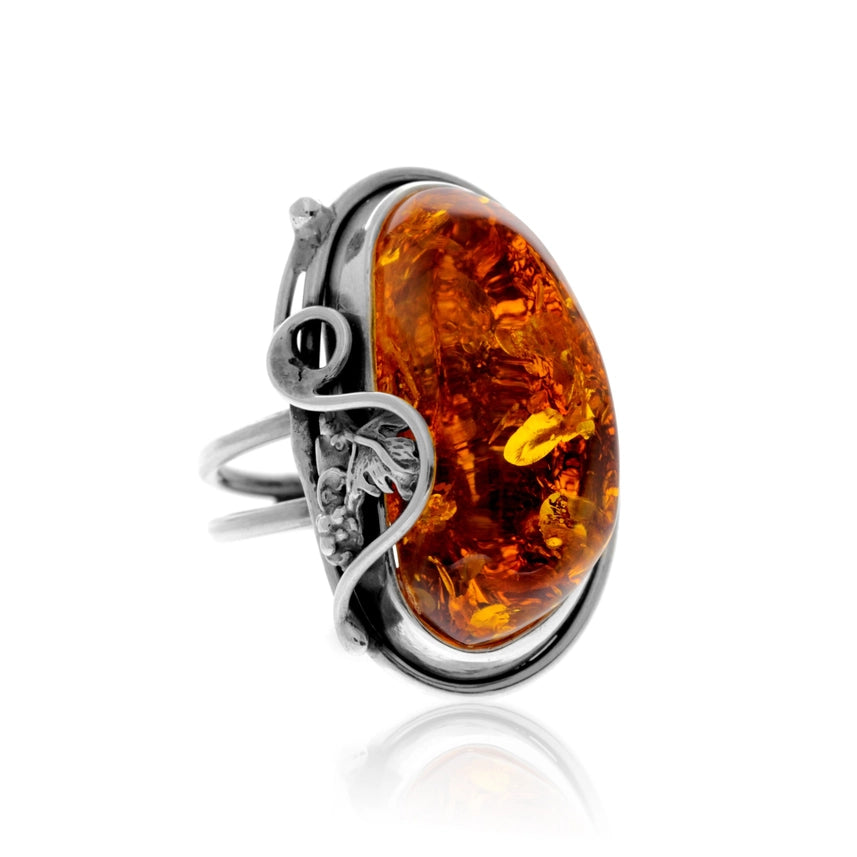 Cognac Baltic Amber & Sterling Silver Sculptural Statement Ring