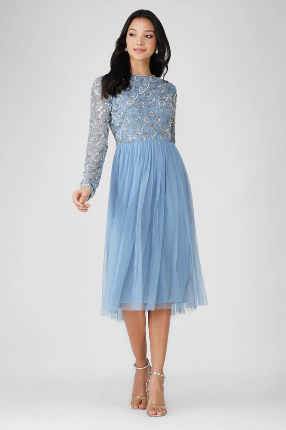Mandarin Embellished Tulle Midi Dress – Powder Blue