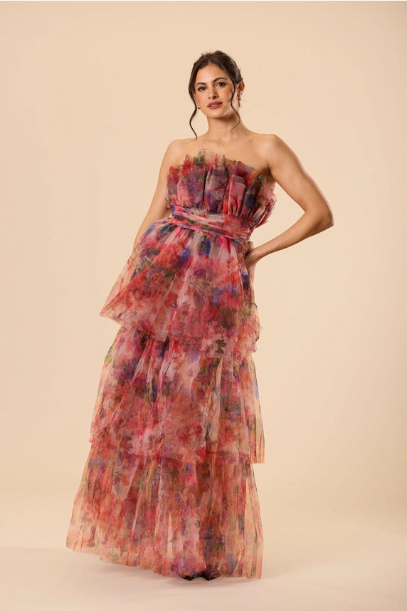 Natalia Floral Tulle Maxi Dress – Pink Multi