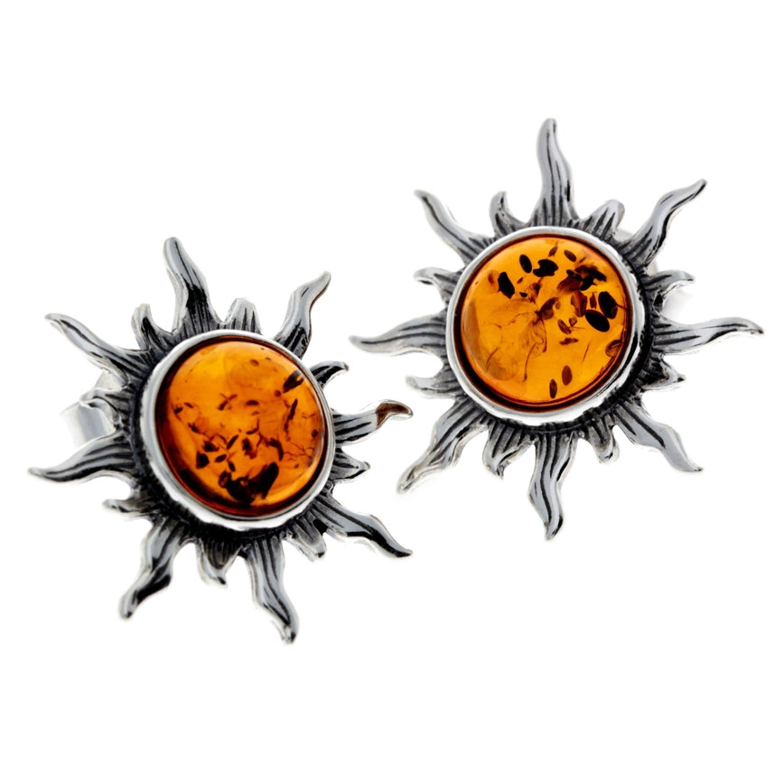 Cognac Baltic Amber & Sterling Silver Sun Stud Earrings