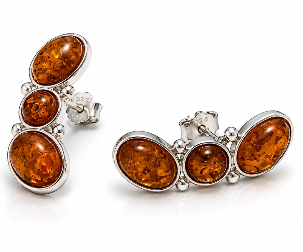 Cognac Baltic Amber & Sterling Silver Multi-Stone Stud Earrings