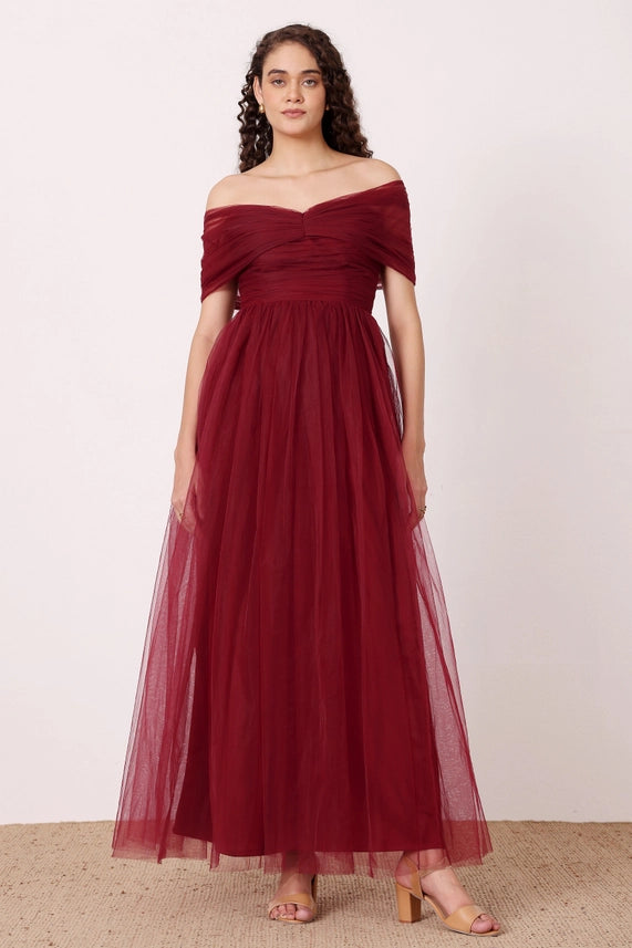 Gillian Off-Shoulder Tulle Maxi Dress – Wine