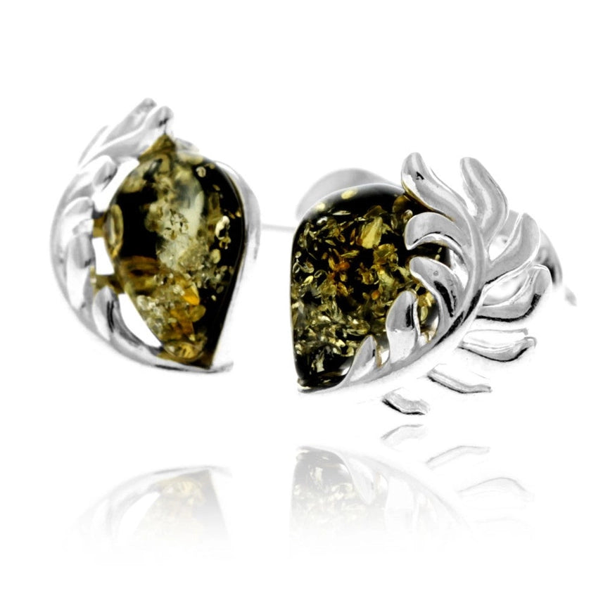 Green Baltic Amber & Sterling Silver Teardrop Leaf Stud Earrings