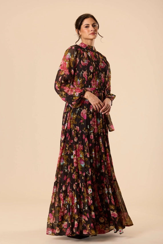 Violetta Floral Chiffon Maxi Dress – Black Multi