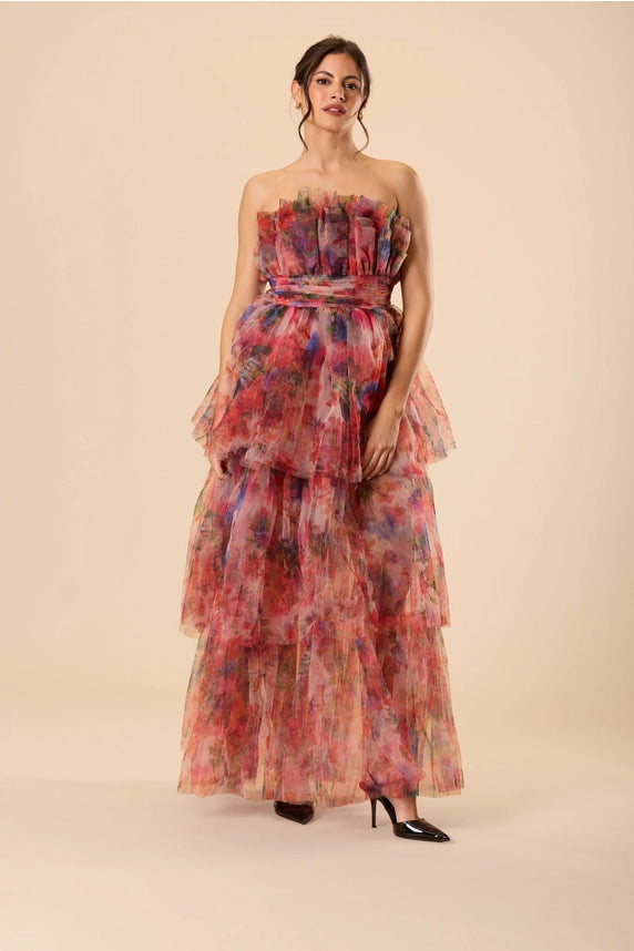 Natalia Floral Tulle Maxi Dress – Pink Multi