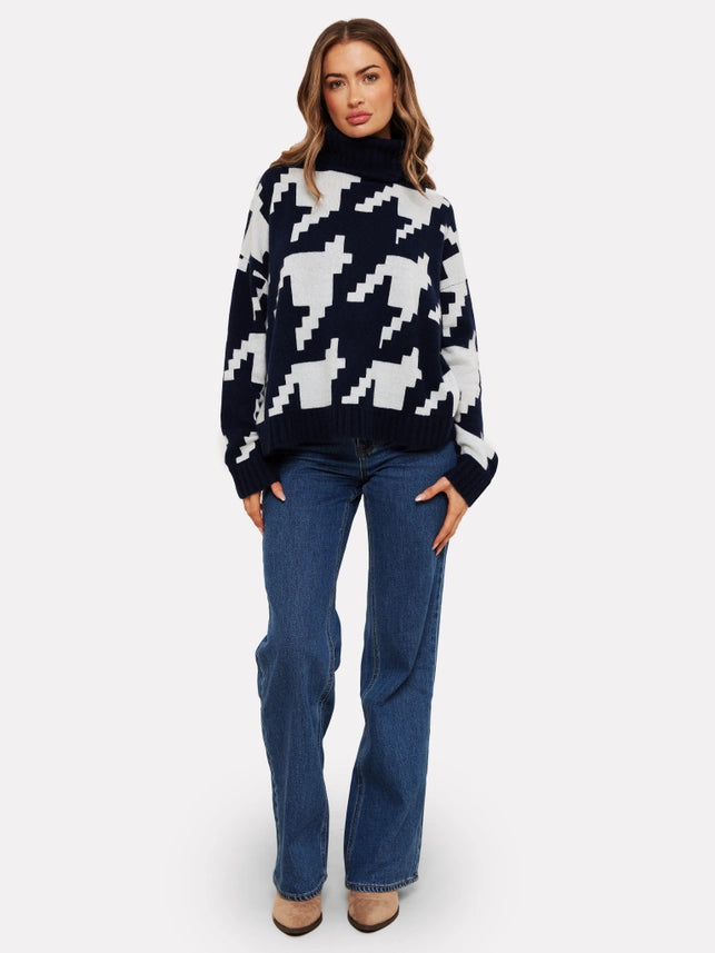 Houndstooth Cashmere Roll-Neck Jumper – Navy & Ivory
