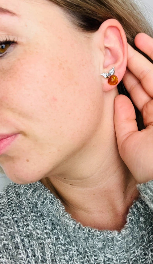 Cognac Baltic Amber & Sterling Silver Leaf Stud Earrings