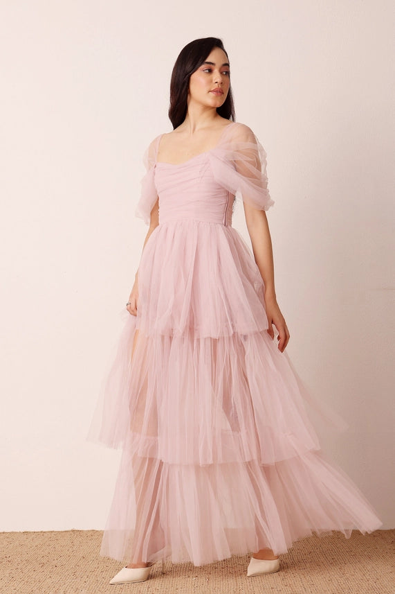 Sydney Tiered Tulle Maxi Dress – Dusty Pink