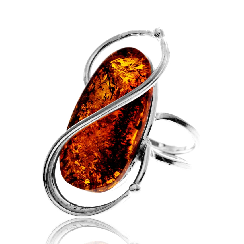 Cognac Baltic Amber & Sterling Silver Sculptural Statement Ring