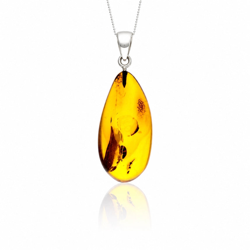 Cognac Baltic Amber & Sterling Silver Elongated Pendant