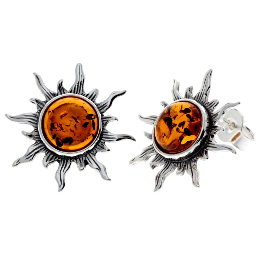 Cognac Baltic Amber & Sterling Silver Sun Stud Earrings