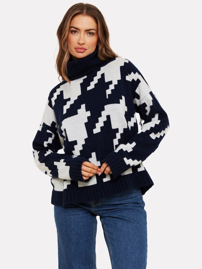Houndstooth Cashmere Roll-Neck Jumper – Navy & Ivory